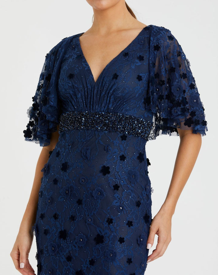 Mac Duggal 67712 Navy Flutter Sleeve Embellished Lace Gown