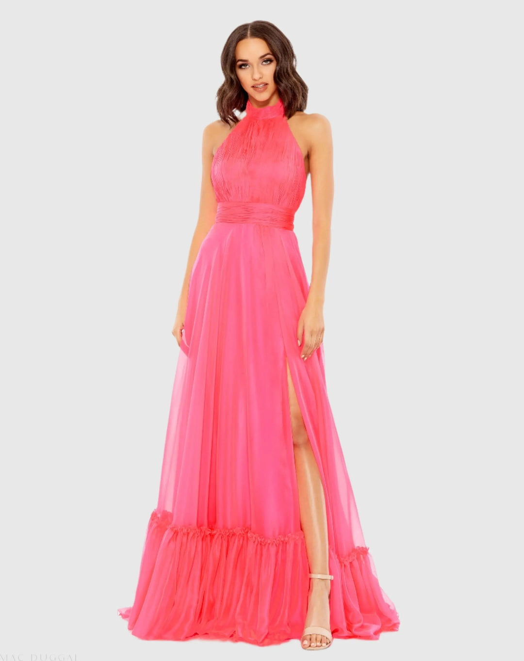 Mac Duggal 67816 High Neck Tiered Chiffon Halter Gown