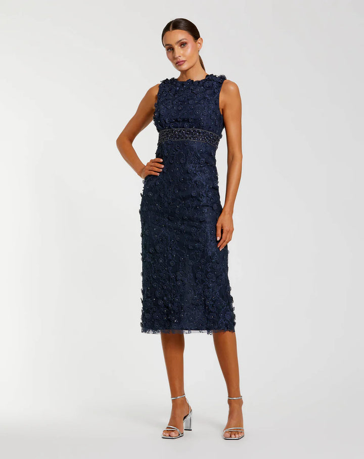 Mac Duggal 67853 Floral Applique Sleeveless Midi Dress