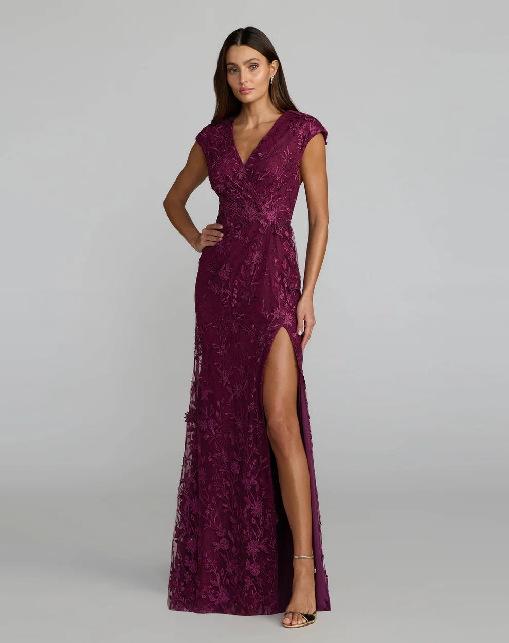 Mac Duggal 67882 Women's Faux Wrap Embroidered Cap Sleeve Dress