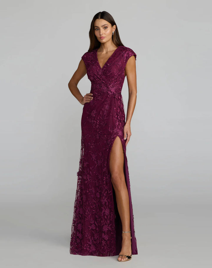Mac Duggal 67882 Women's Faux Wrap Embroidered Cap Sleeve Dress