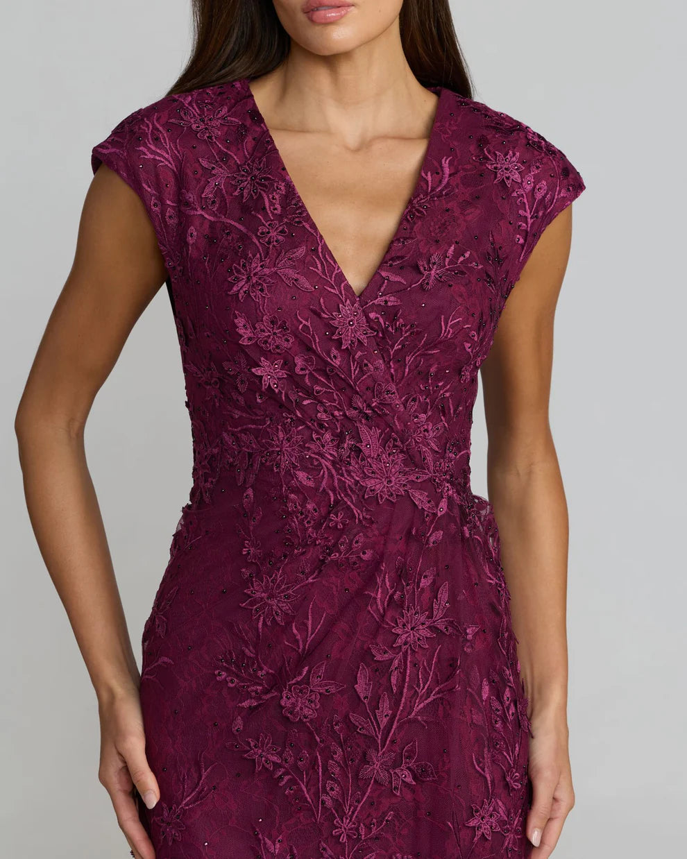 Mac Duggal 67882 Women's Faux Wrap Embroidered Cap Sleeve Dress