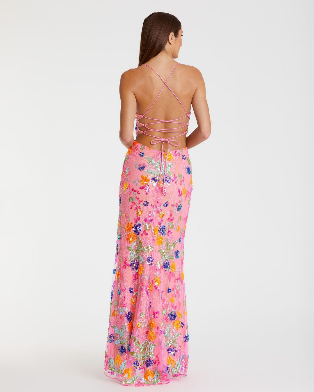 Mac Duggal 68067 Pink Embellished Lace Strappy Column Gown