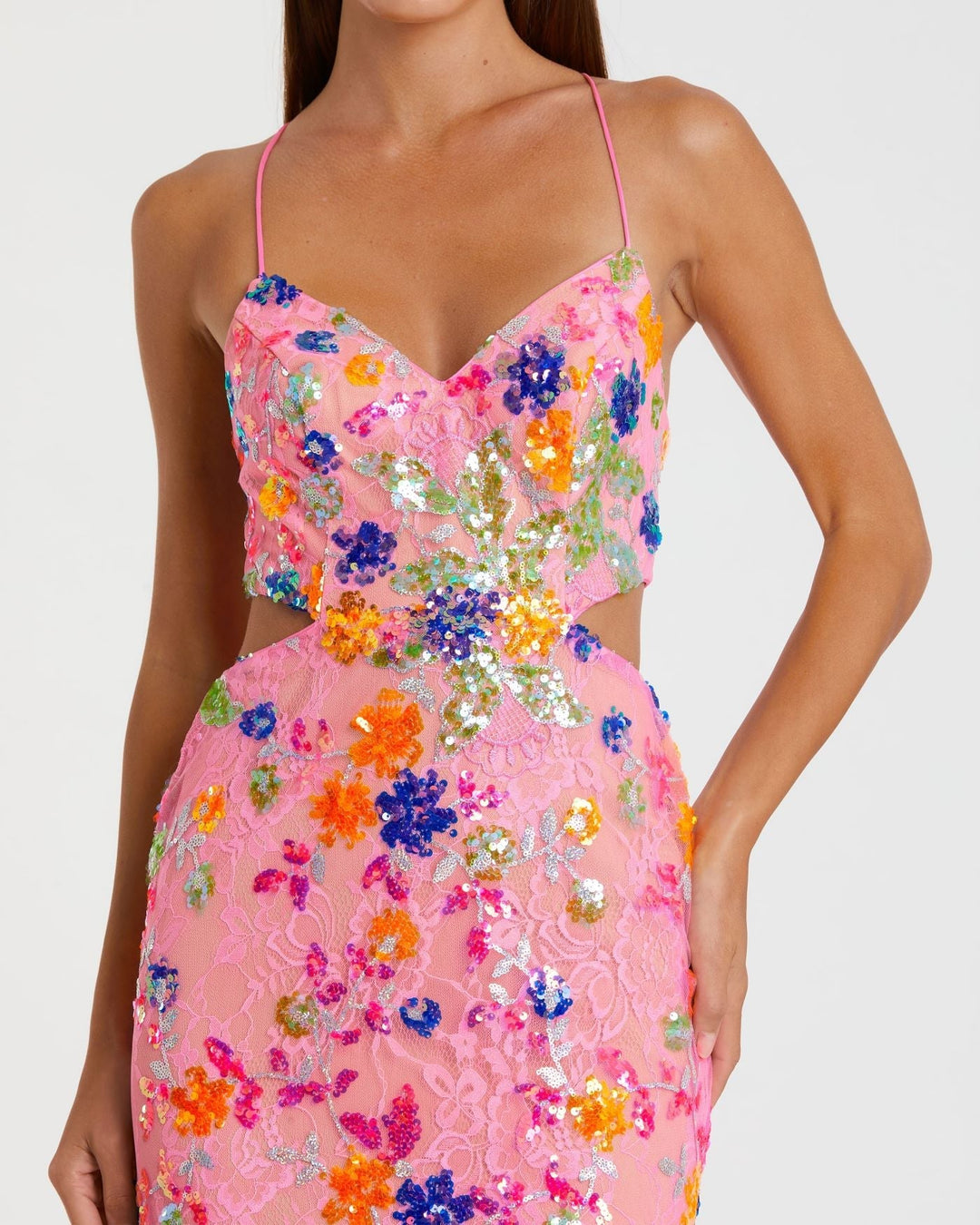 Mac Duggal 68067 Pink Embellished Lace Strappy Column Gown
