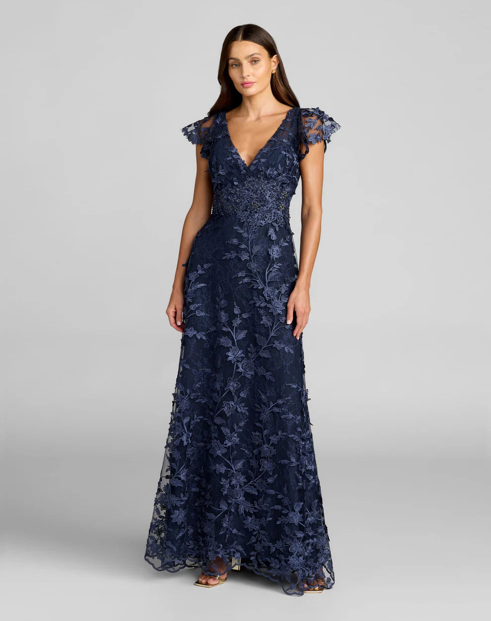 Mac Duggal 68192 Embroidered Applique Wrap Over Flutter Sleeve Gown Dress