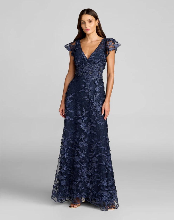 Mac Duggal 68192 Embroidered Applique Wrap Over Flutter Sleeve Gown Dress