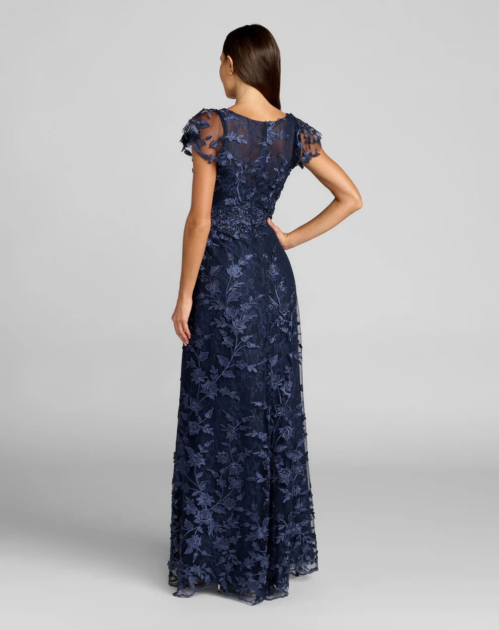 Mac Duggal 68192 Embroidered Applique Wrap Over Flutter Sleeve Gown Dress