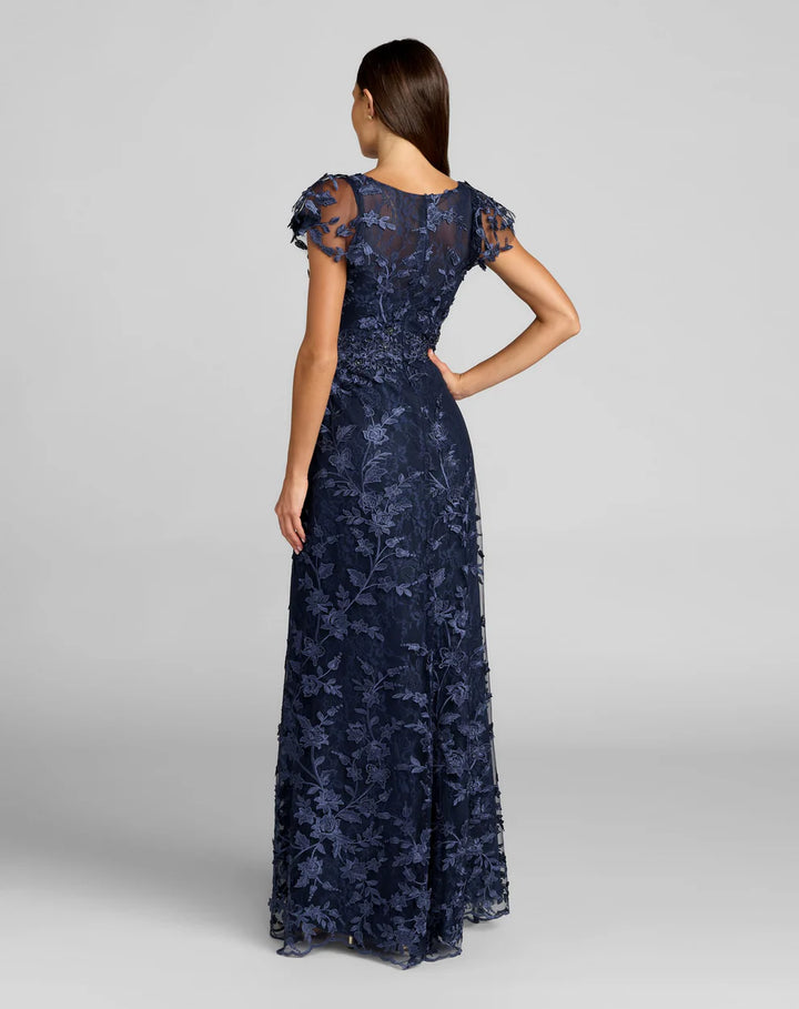 Mac Duggal 68192 Embroidered Applique Wrap Over Flutter Sleeve Gown Dress