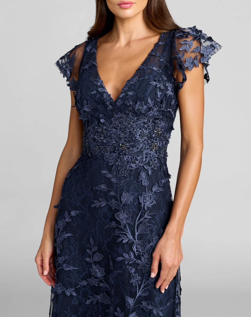 Mac Duggal 68192 Embroidered Applique Wrap Over Flutter Sleeve Gown Dress