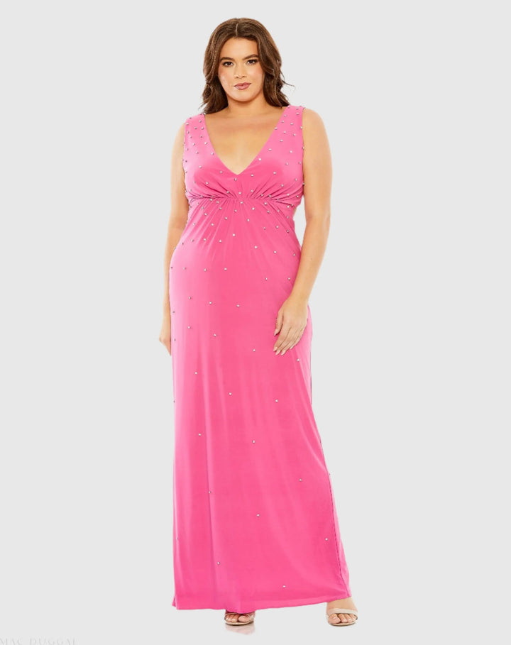 Mac Duggal 68353 Pink Rhinestone Embellished Open Back Jersey Gown (Plus)