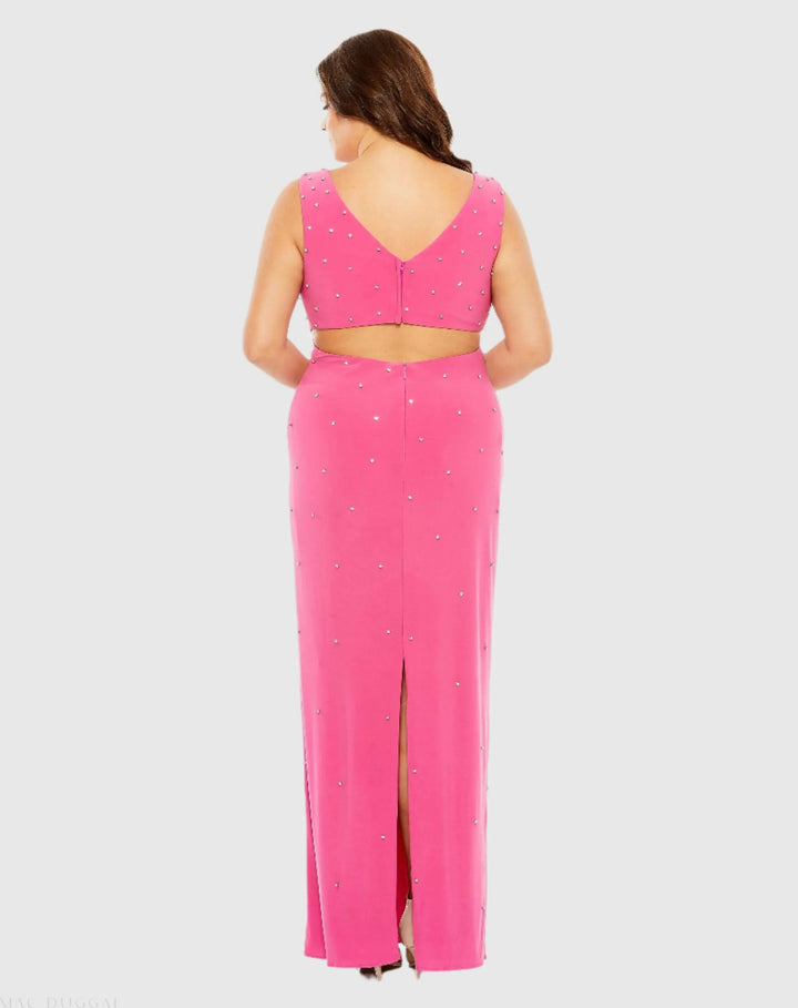 Mac Duggal 68353 Pink Rhinestone Embellished Open Back Jersey Gown (Plus)