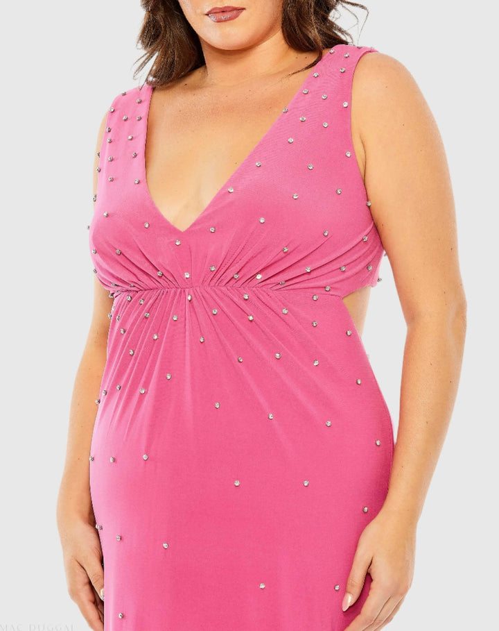 Mac Duggal 68353 Pink Rhinestone Embellished Open Back Jersey Gown (Plus)