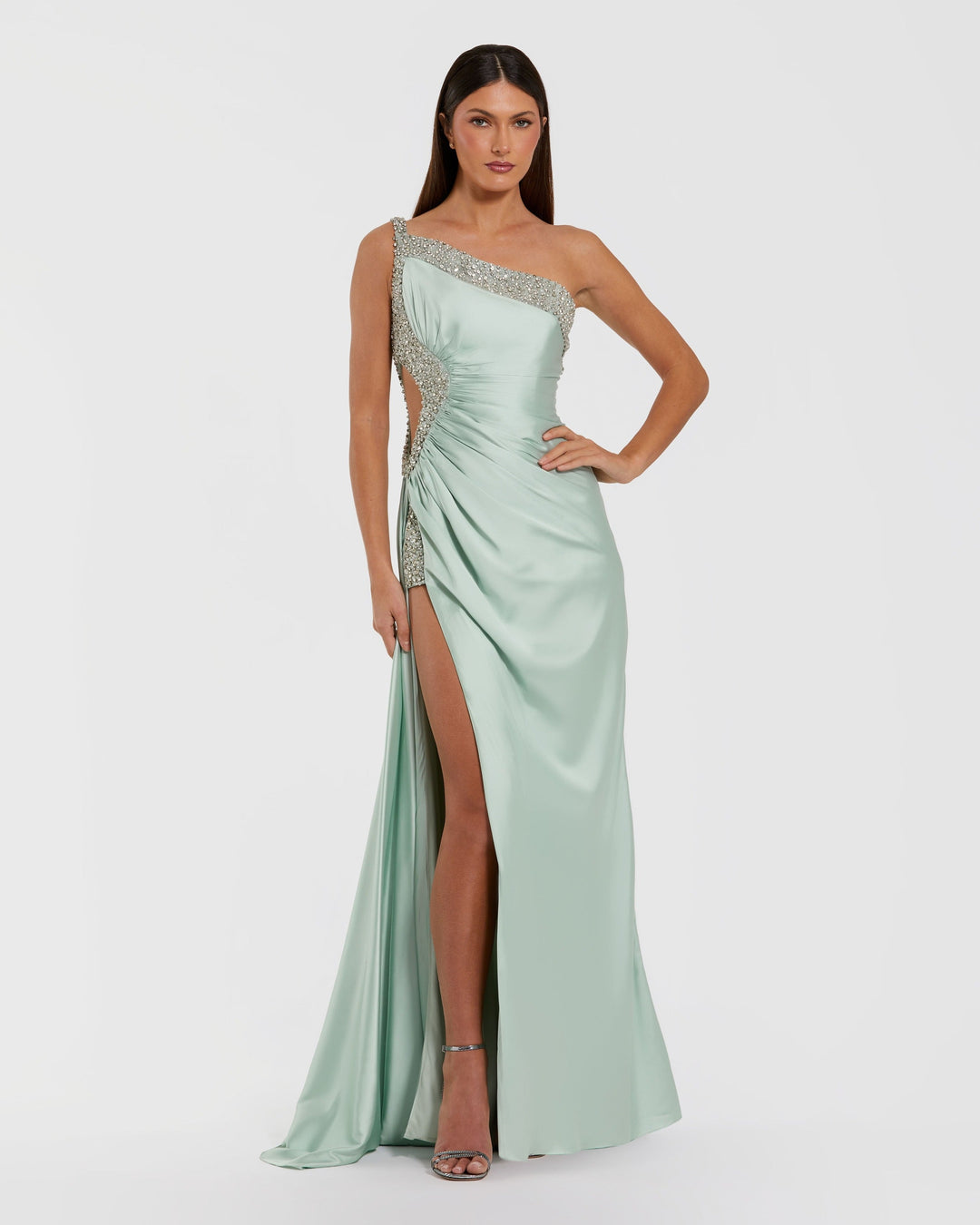 Green One Shoulder Embellished Cut Out Slit Gown - FOSTANI.com