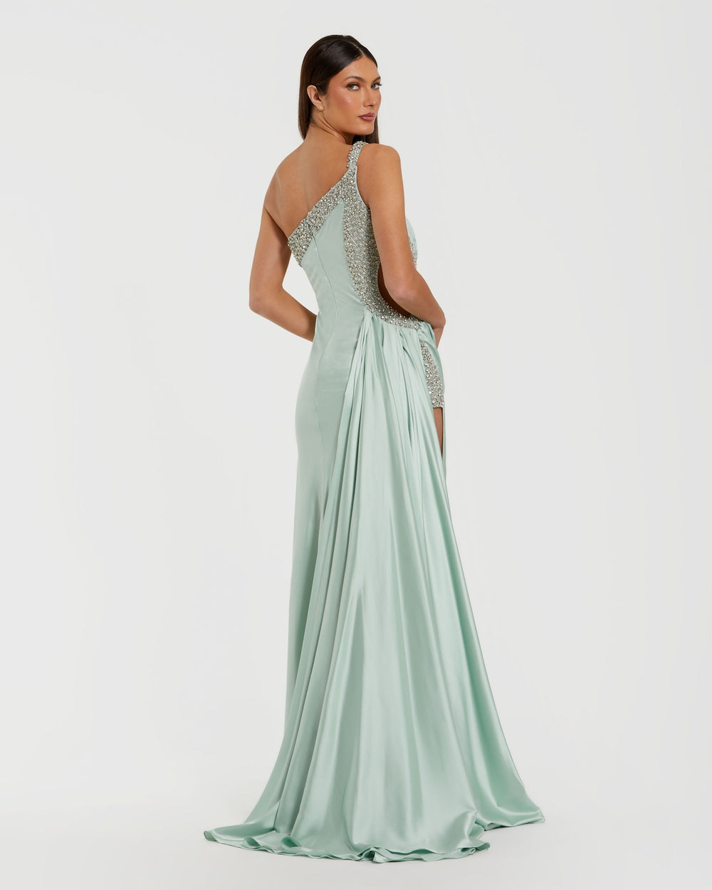 Green One Shoulder Embellished Cut Out Slit Gown - FOSTANI.com