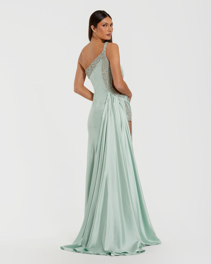 Green One Shoulder Embellished Cut Out Slit Gown - FOSTANI.com