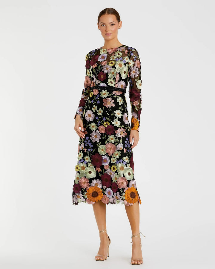 Mac Duggal 68462 Multicolor Floral Embroidered A-Line Midi Dress