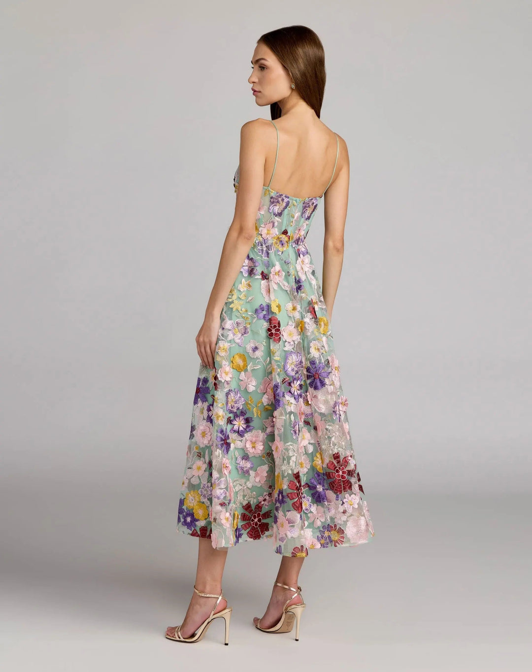 Green Sweetheart Neck Embroidered Midi Dress - FOSTANI.com