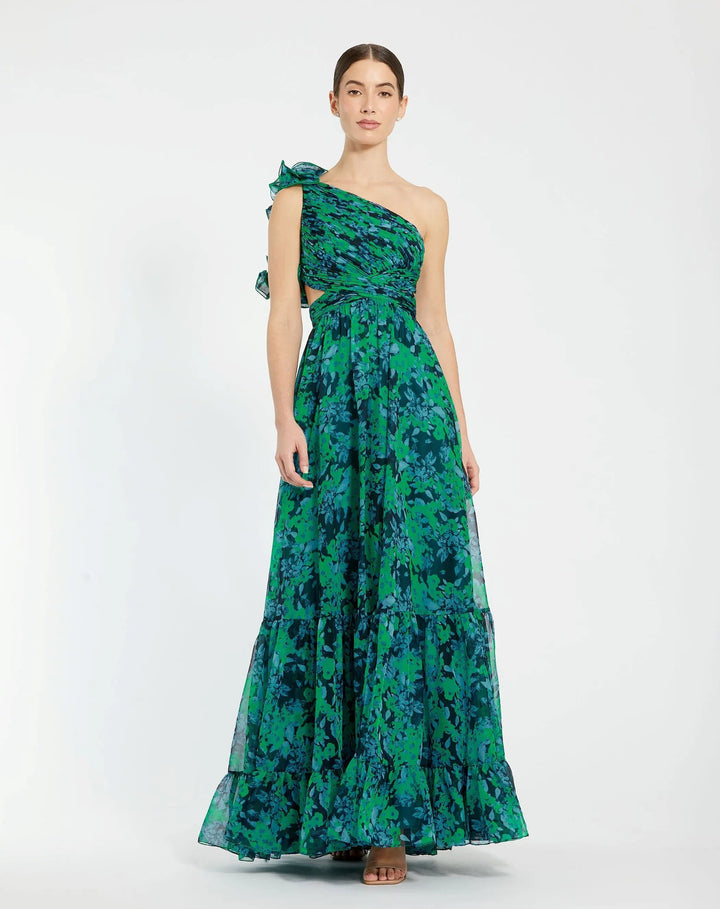 Mac Duggal 68650 Green One Shoulder Ruffle Tiered Cut-Out Chiffon Gown