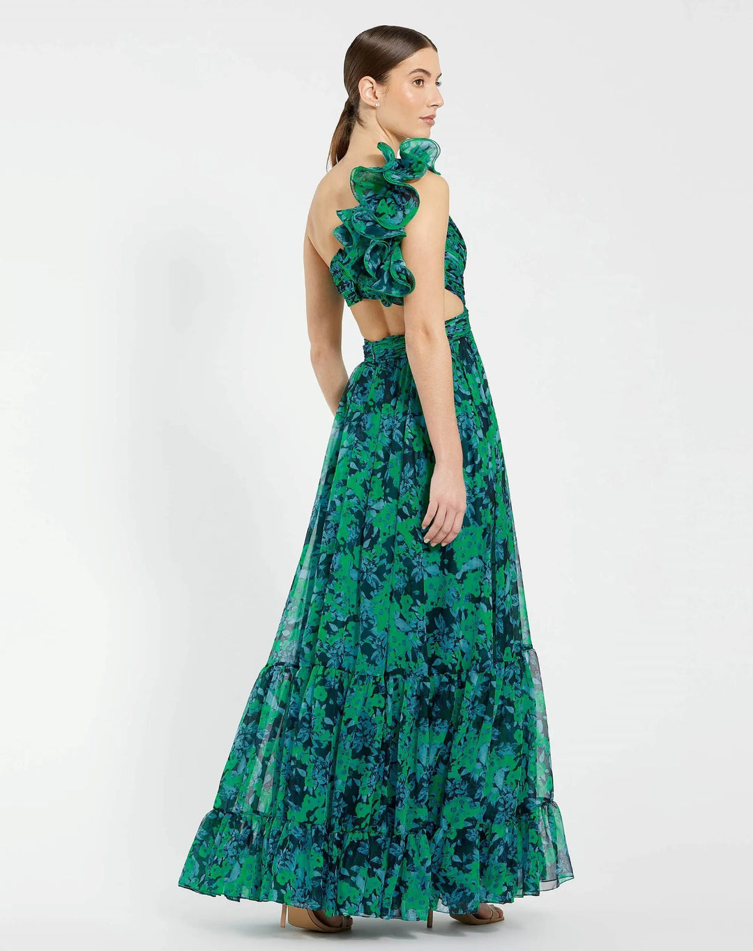 Mac Duggal 68650 Green One Shoulder Ruffle Tiered Cut-Out Chiffon Gown