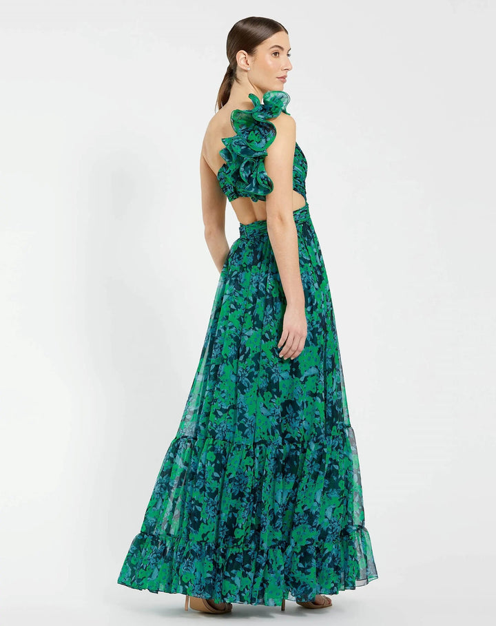 Mac Duggal 68650 Green One Shoulder Ruffle Tiered Cut-Out Chiffon Gown