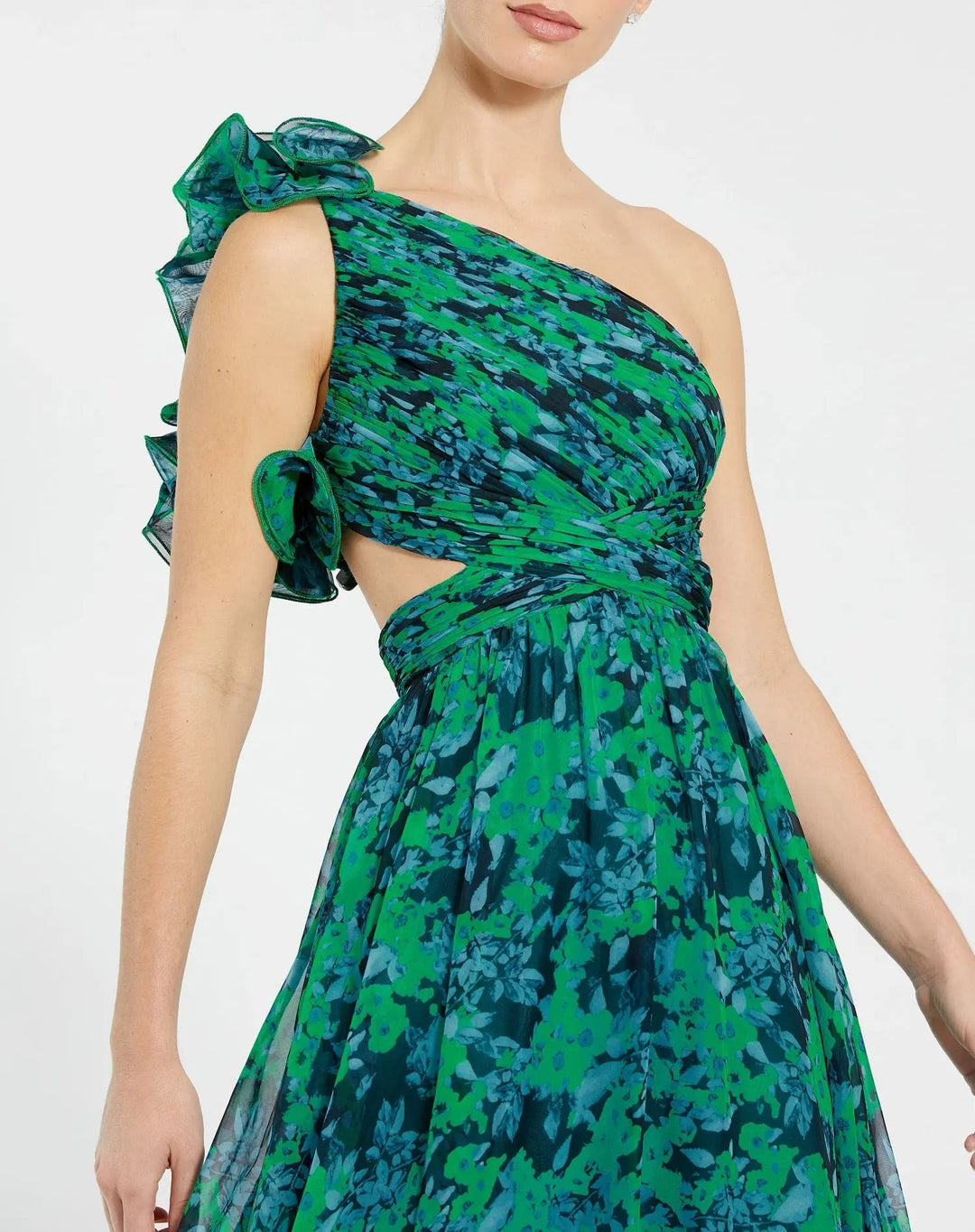 Mac Duggal 68650 Green One Shoulder Ruffle Tiered Cut-Out Chiffon Gown