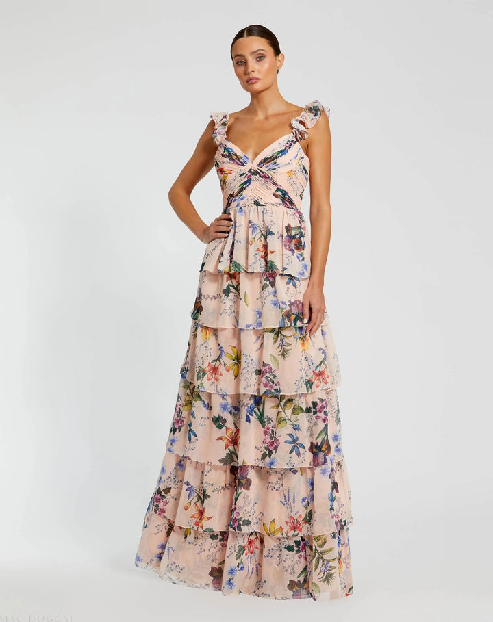 Mac Duggal 68742 Pink Ruffle Sleeveless Chiffon Tiered Floral Print Gown