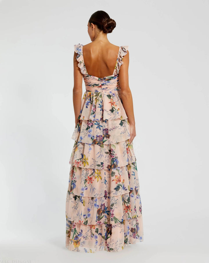 Mac Duggal 68742 Pink Ruffle Sleeveless Chiffon Tiered Floral Print Gown