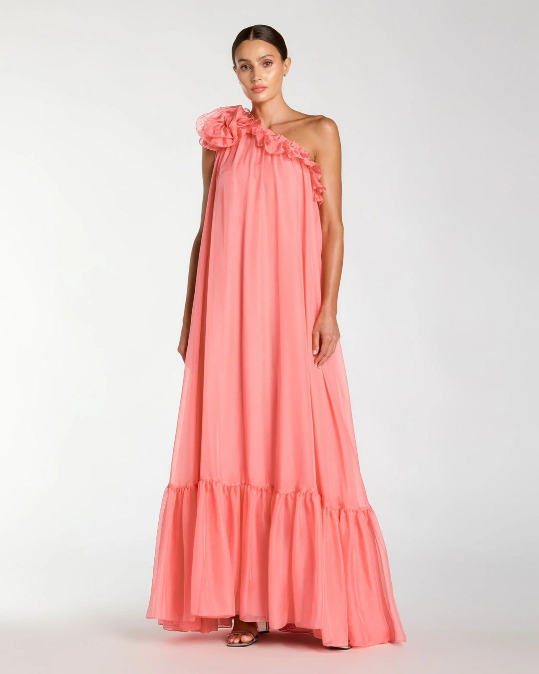 Pink One Shoulder Chiffon Gown With 3D Rosette - FOSTANI.com