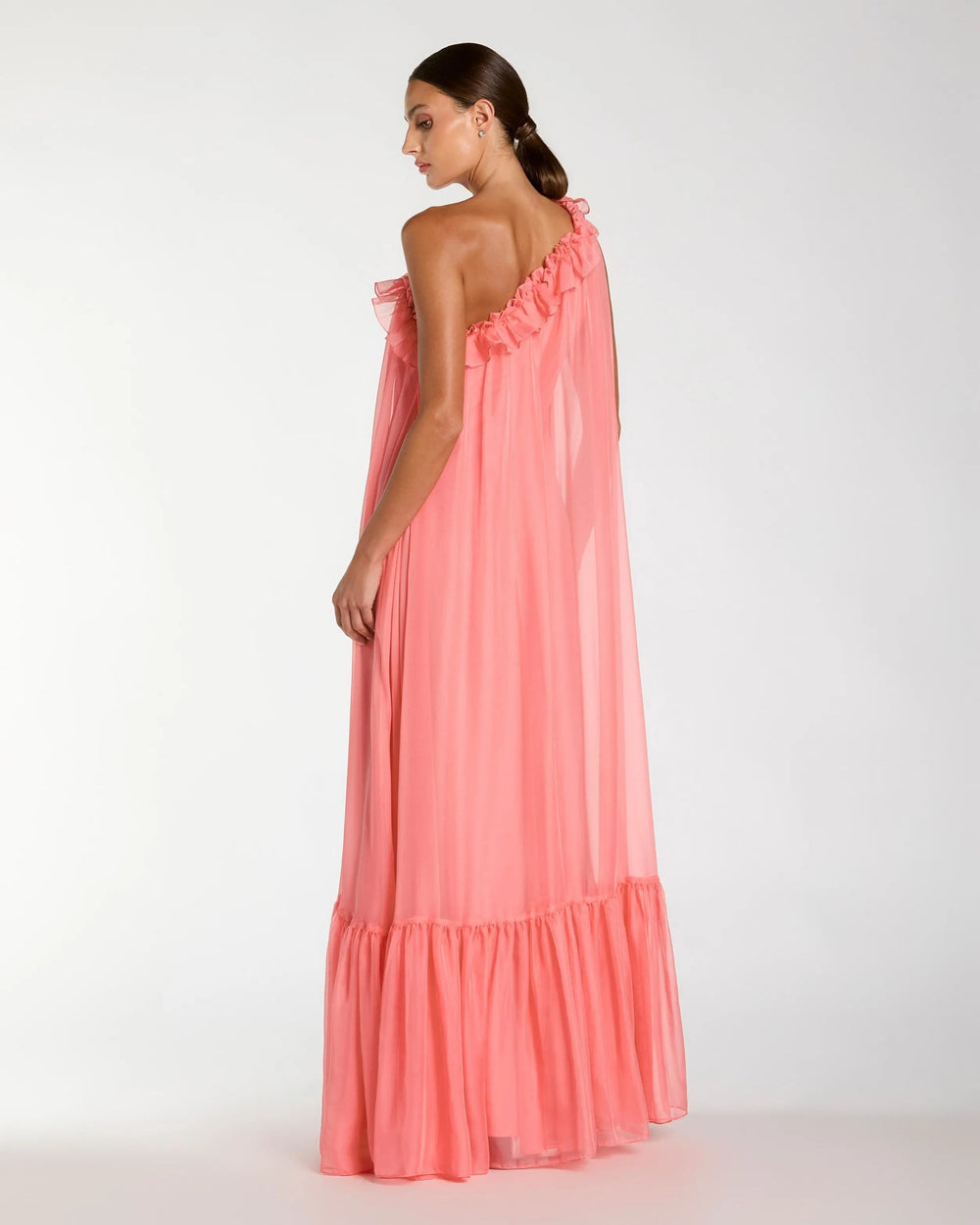 Pink One Shoulder Chiffon Gown With 3D Rosette - FOSTANI.com