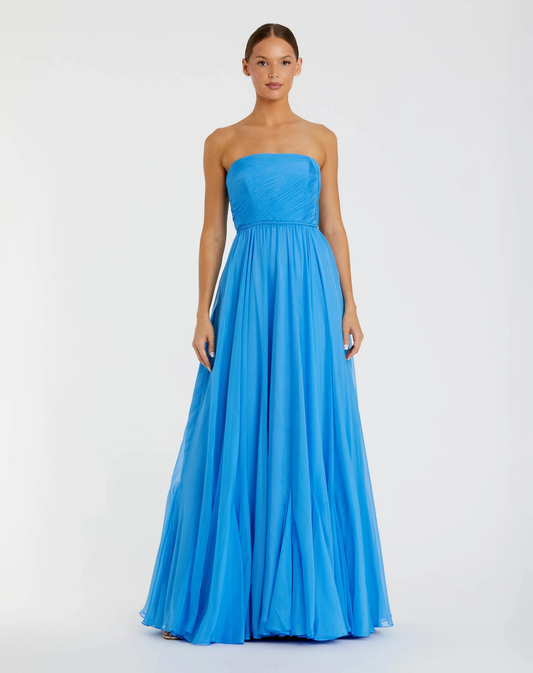 Blue Strapless Chiffon Gown With Braided Belt - FOSTANI.com