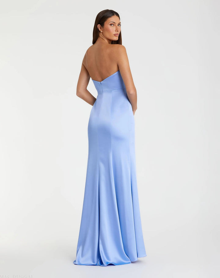 Mac Duggal 68872 Blue Strapless Satin Column Gown With 3D Flower