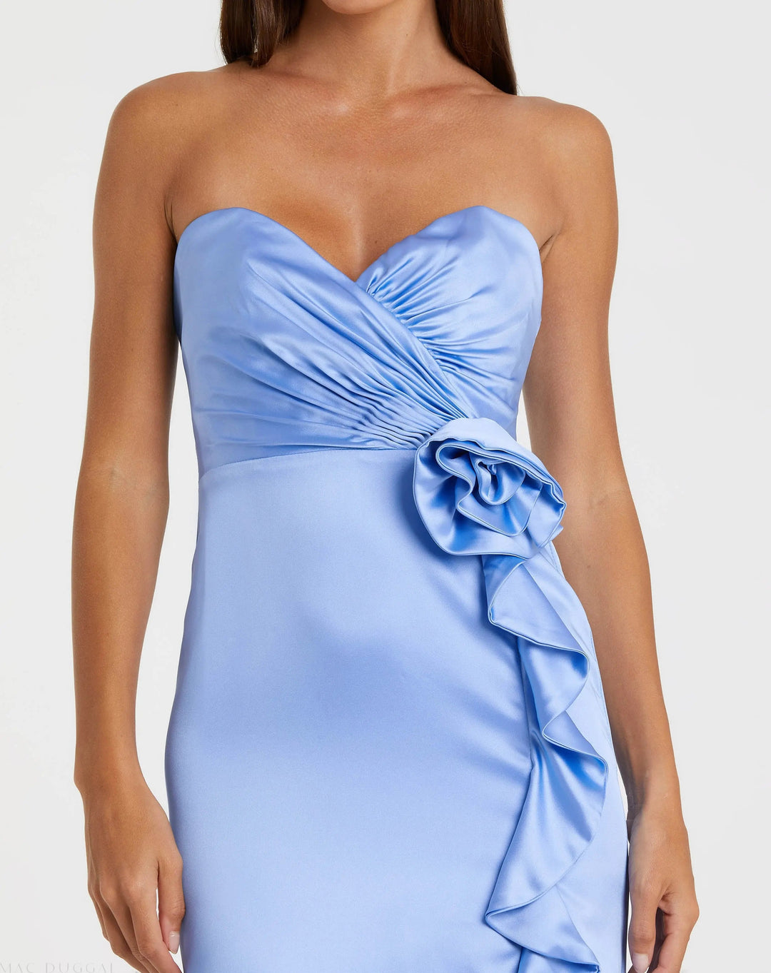 Mac Duggal 68872 Blue Strapless Satin Column Gown With 3D Flower