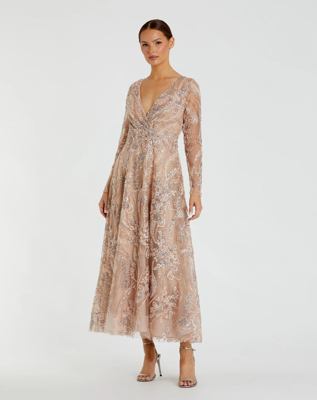 Mac Duggal 68906 Beige Embroidered Long Sleeve V-Neck Midi Dress - FOSTANI.com