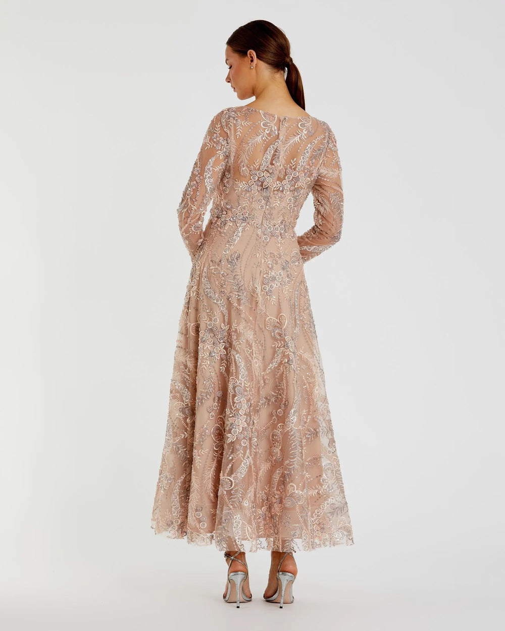 Mac Duggal 68906 Beige Embroidered Long Sleeve V-Neck Midi Dress - FOSTANI.com