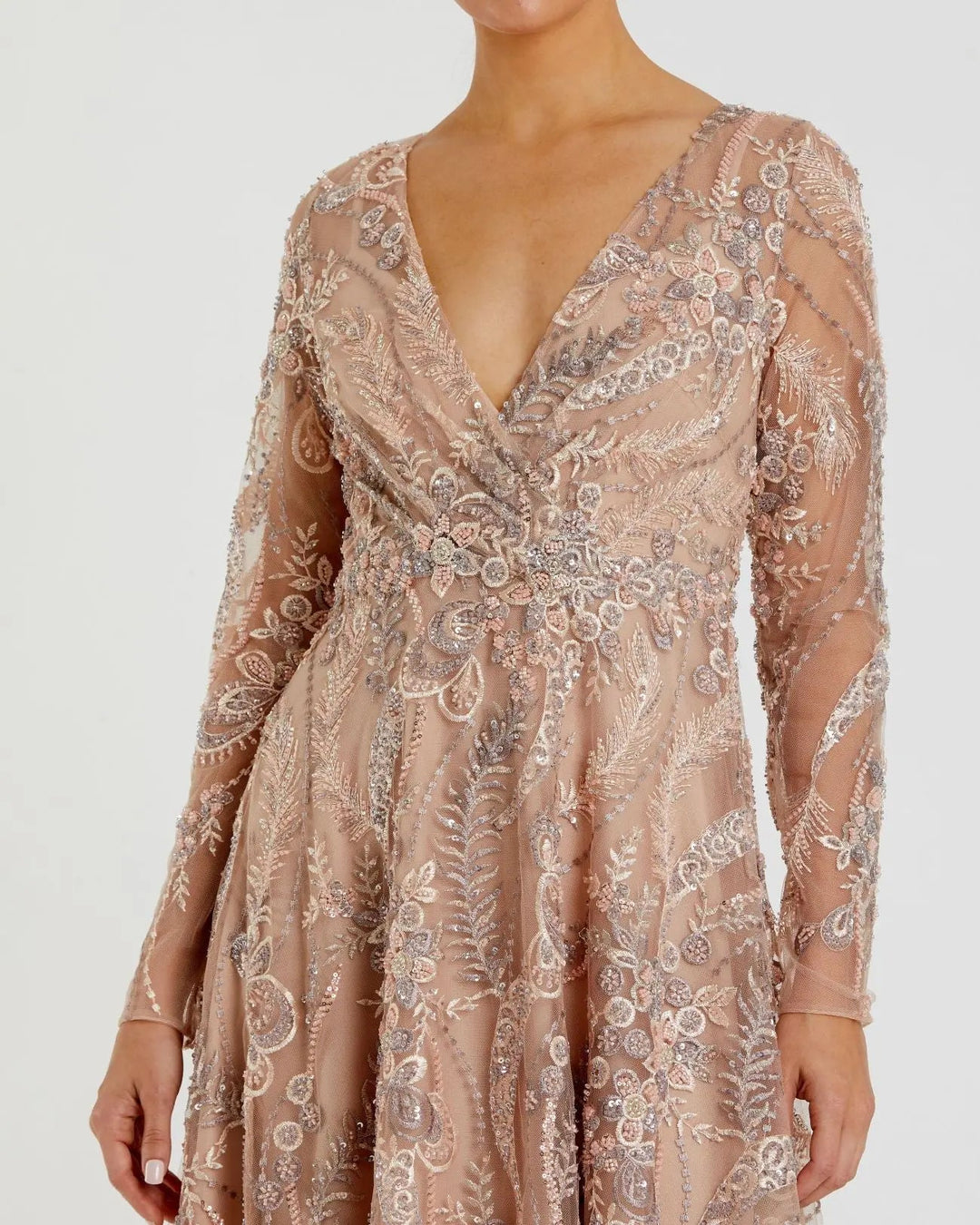 Mac Duggal 68906 Beige Embroidered Long Sleeve V-Neck Midi Dress - FOSTANI.com