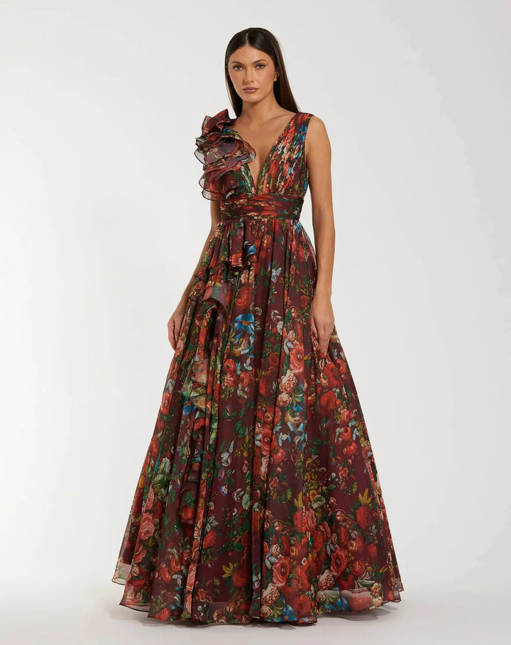Mac Duggal 9948856P Petite Pink Ruffle Shoulder V-Neck Chiffon Gown
