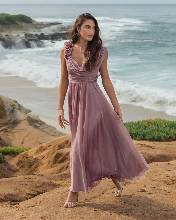 Mac Duggal 68967 Chiffon Cowl Neck Dress With 3D Flowers