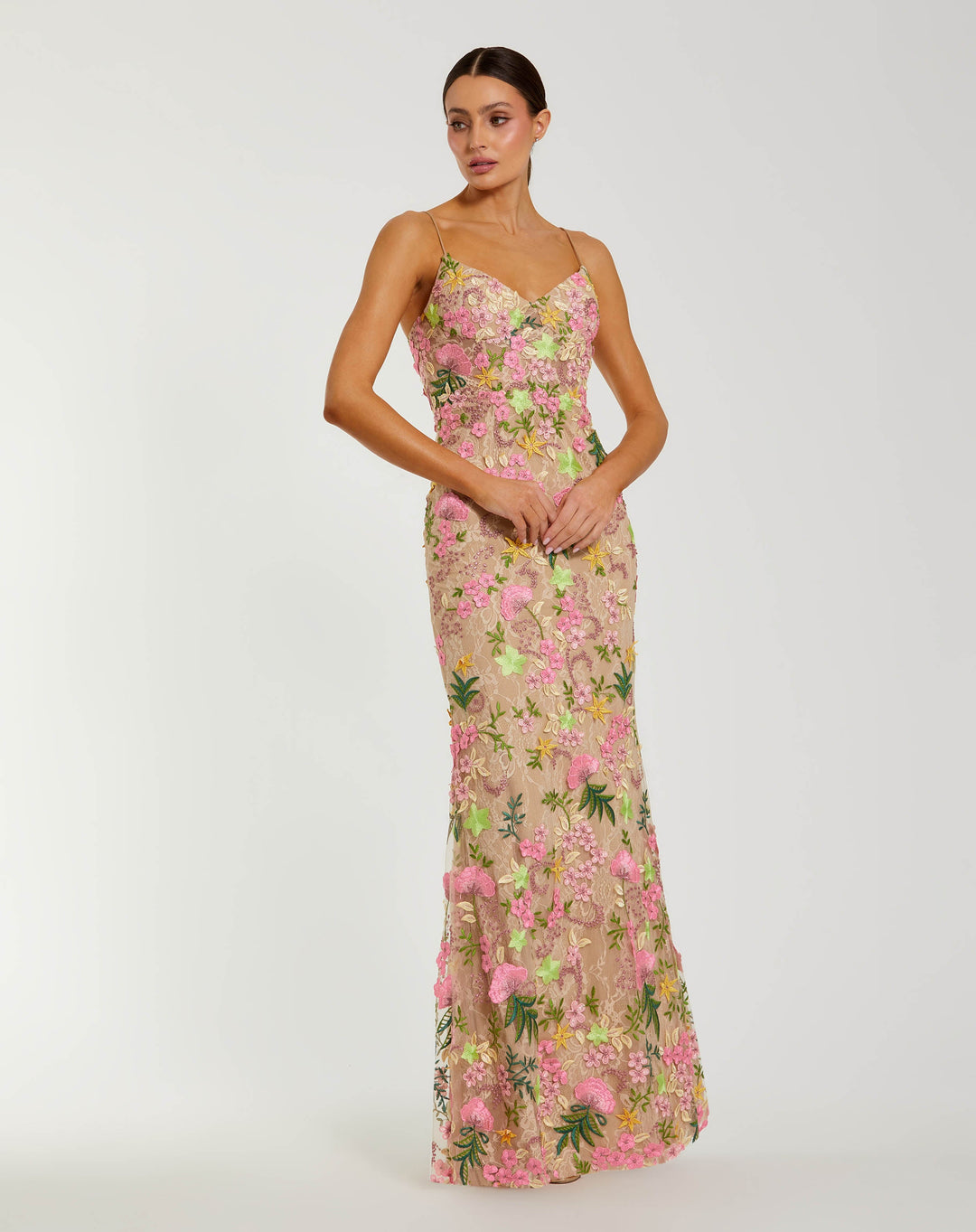 Beige Multi Floral Rhinestone Embroidered Column Gown - FOSTANI.com