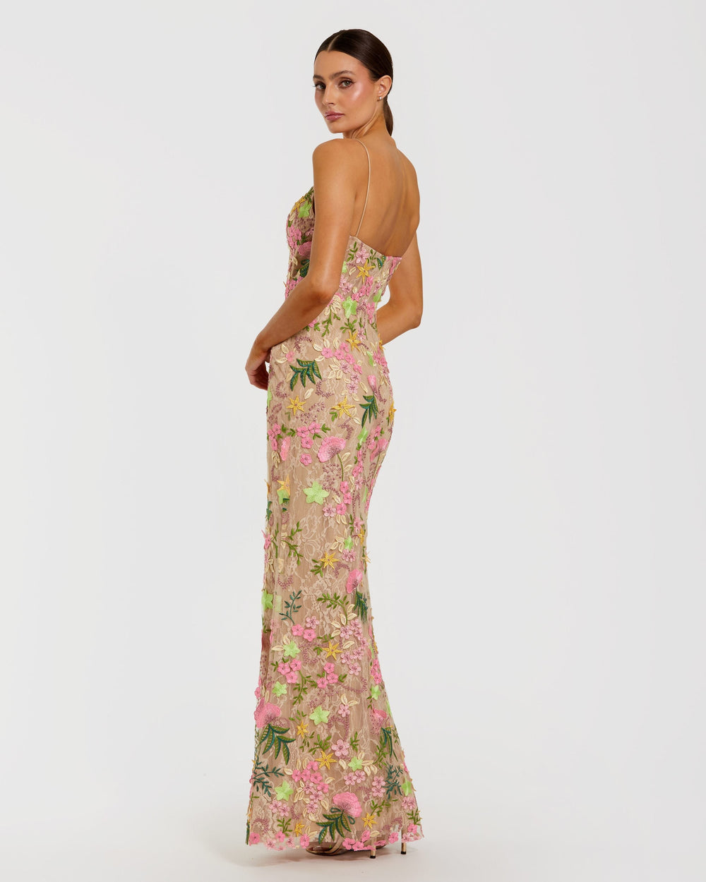 Beige Multi Floral Rhinestone Embroidered Column Gown - FOSTANI.com