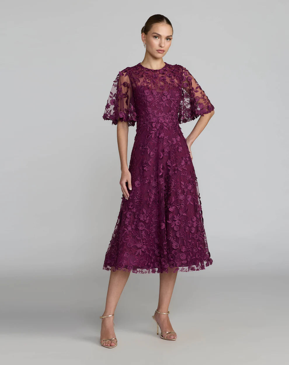Mac Duggal 69036 Flutter Sleeve Embroidered Midi Dress