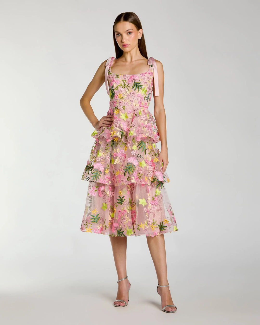 Pink Floral Embroidered Tiered Midi Dress - FOSTANI.com