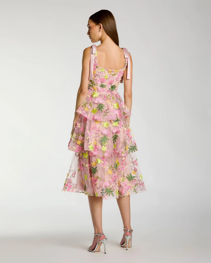 Pink Floral Embroidered Tiered Midi Dress - FOSTANI.com