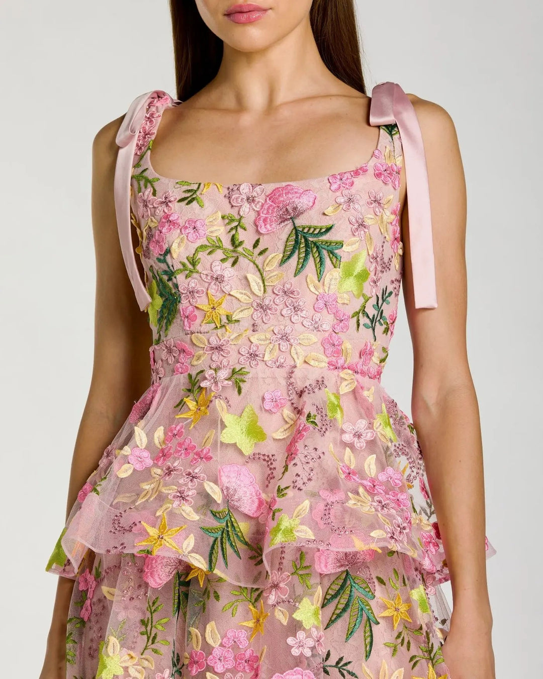 Pink Floral Embroidered Tiered Midi Dress - FOSTANI.com