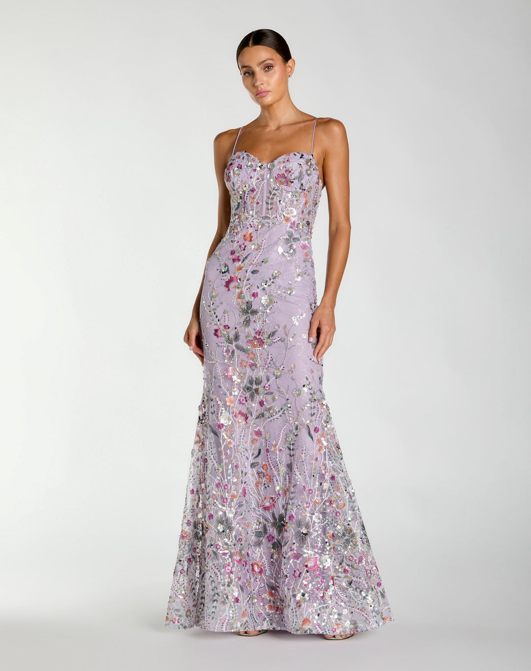 Purple Spaghetti Strap Floral Embroidered Trumpet Gown - FOSTANI.com