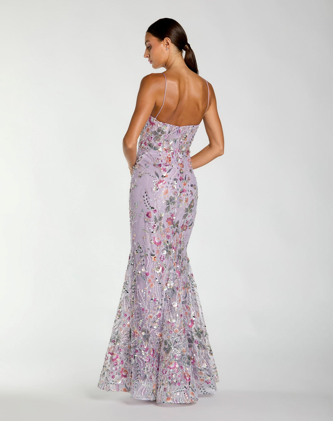 Purple Spaghetti Strap Floral Embroidered Trumpet Gown - FOSTANI.com