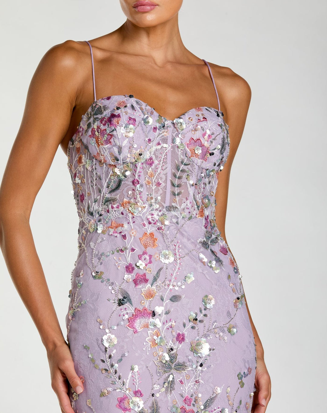 Purple Spaghetti Strap Floral Embroidered Trumpet Gown - FOSTANI.com
