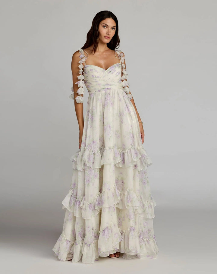 White Floral Chiffon Ruffle Gown With 3D Flower Straps - FOSTANI.com