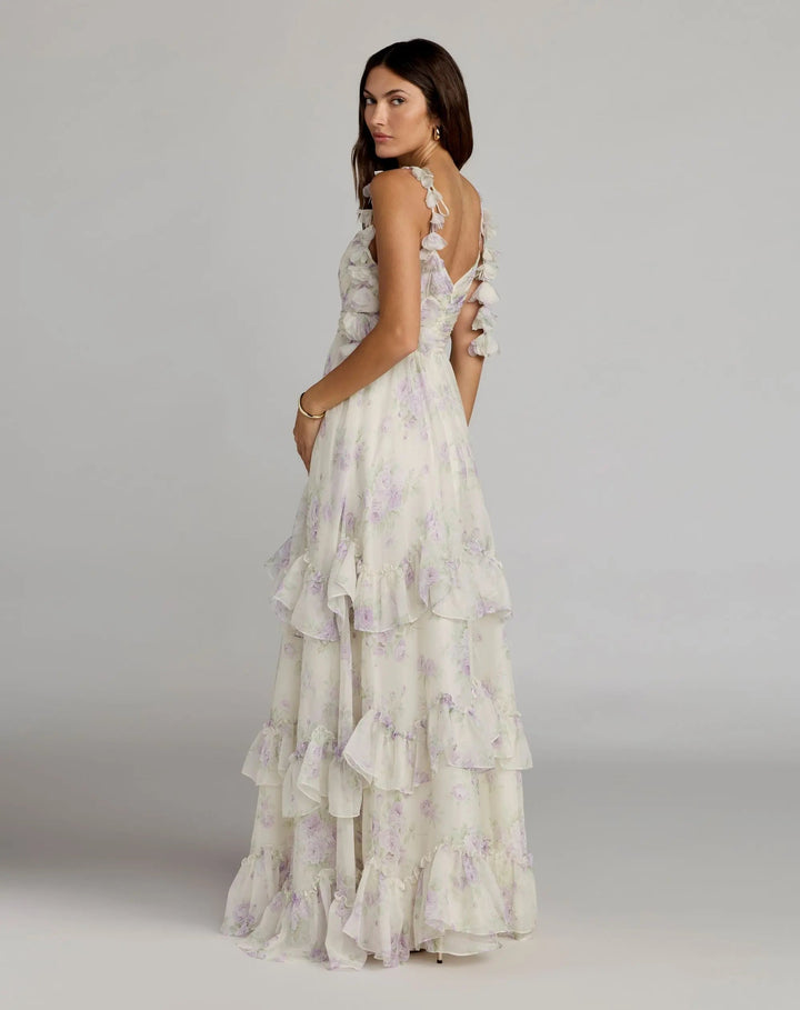 White Floral Chiffon Ruffle Gown With 3D Flower Straps - FOSTANI.com
