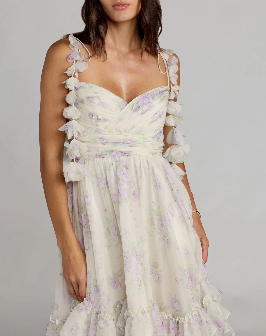 White Floral Chiffon Ruffle Gown With 3D Flower Straps - FOSTANI.com