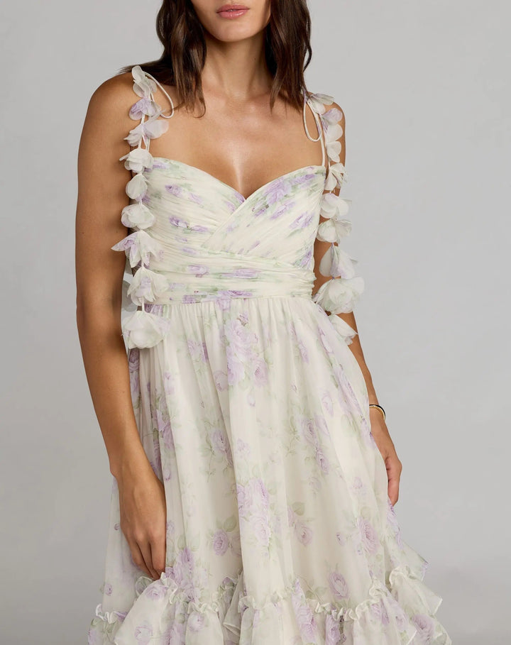 White Floral Chiffon Ruffle Gown With 3D Flower Straps - FOSTANI.com